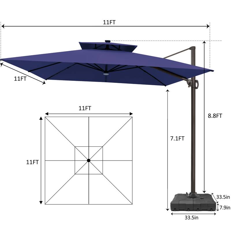 11 FT Square Outdoor Patio Cantilever Umbrella with Solar Lights Wheeled Base Double Canopy 360 Rotation Tilt