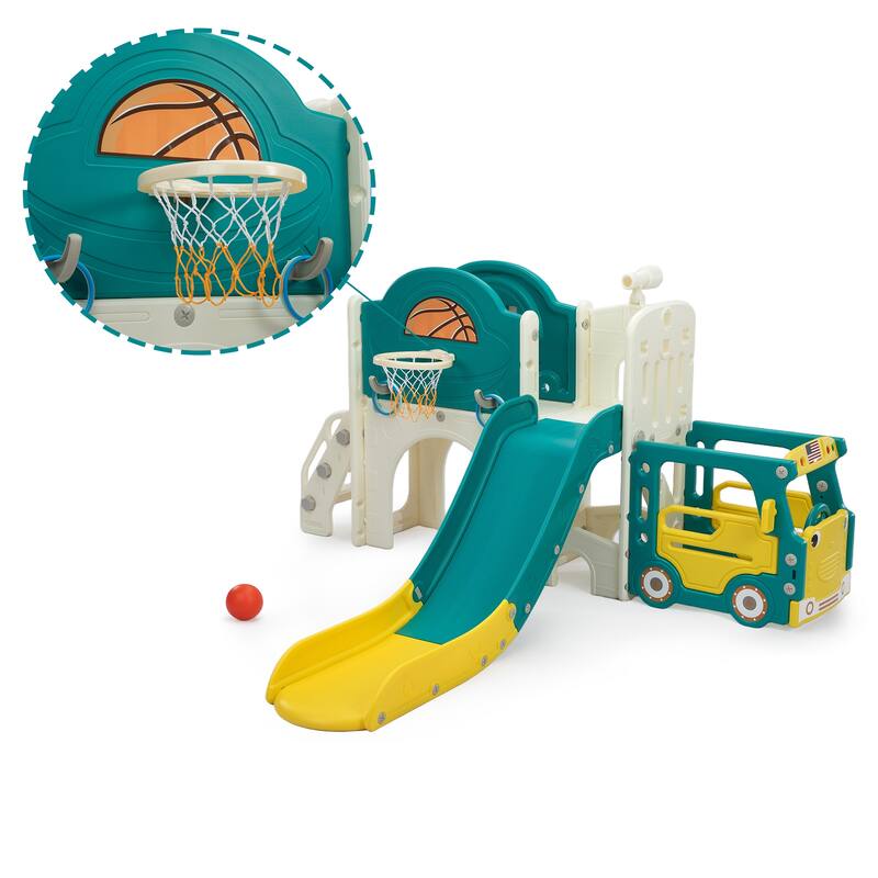 Bus-Themed 9-in-1 Kids Slide & Climbing Playset,Freestanding Castle Playhouse