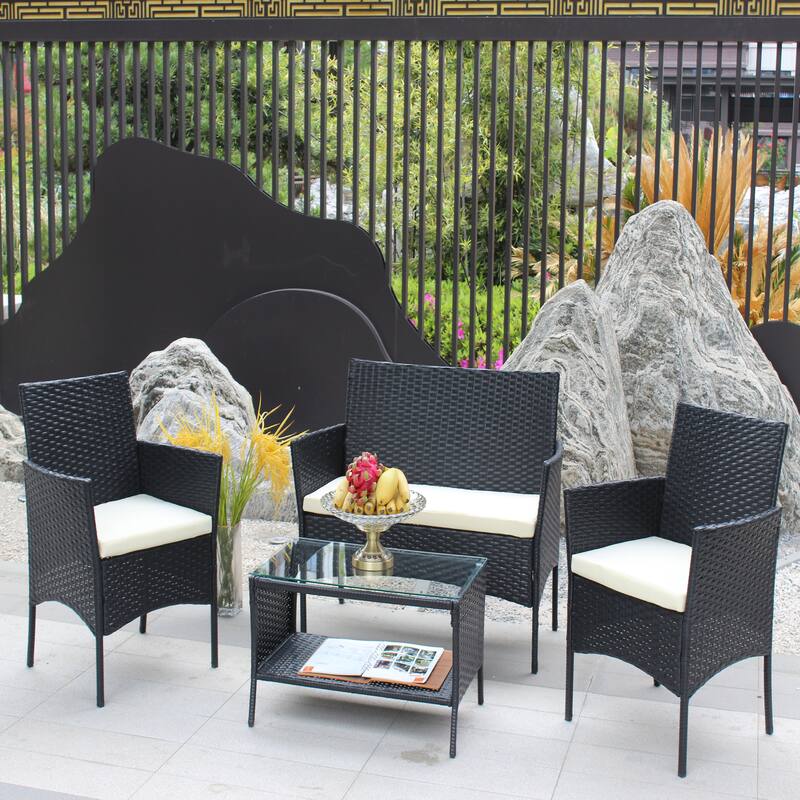 Beige Comfortable 4 Pieces Rattan Patio Furniture Set with Water and UV Resistance
