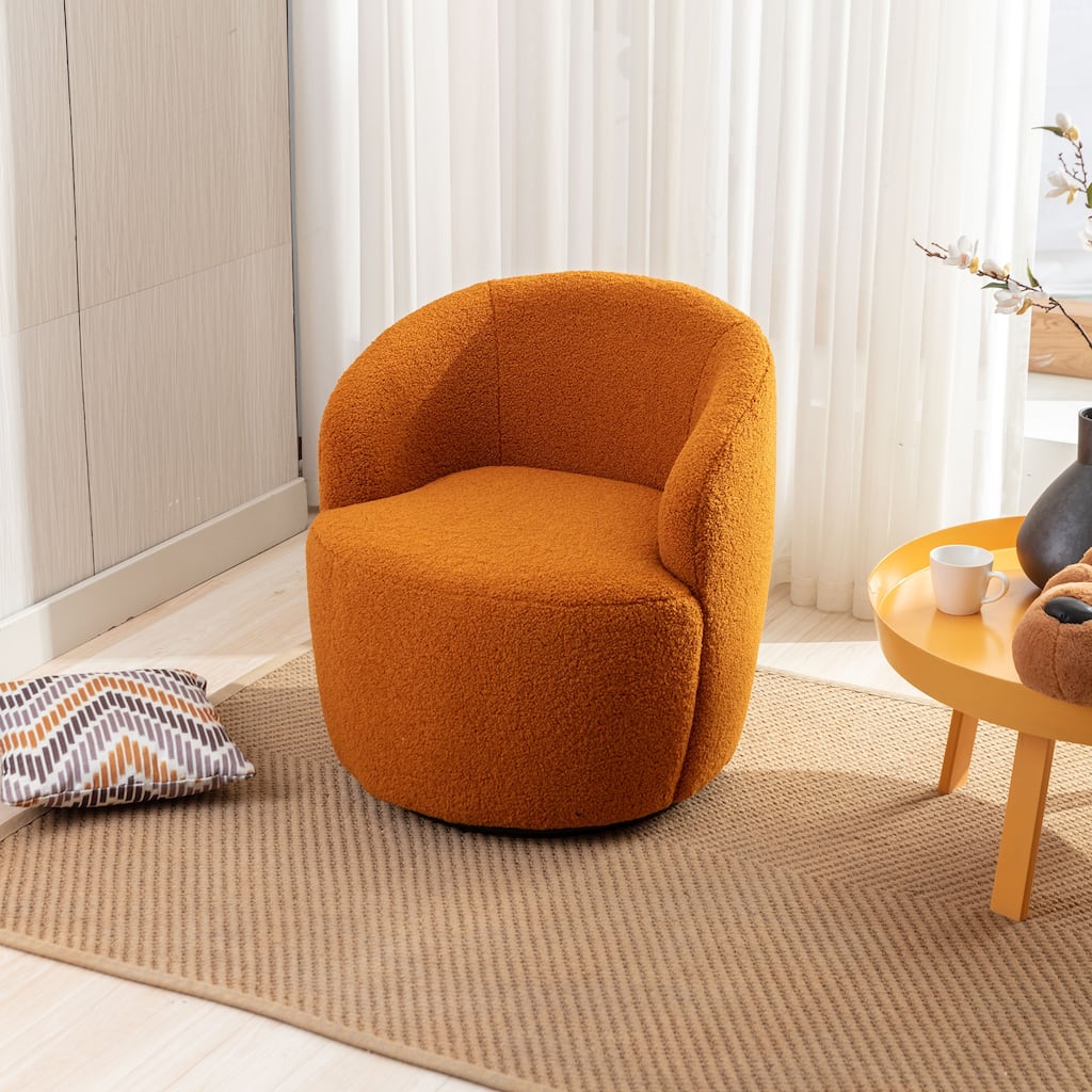 Caramel Wool Modern 25.6" Upholstered Swivel Barrel Chair with Black Powder Coating and Metal Ring