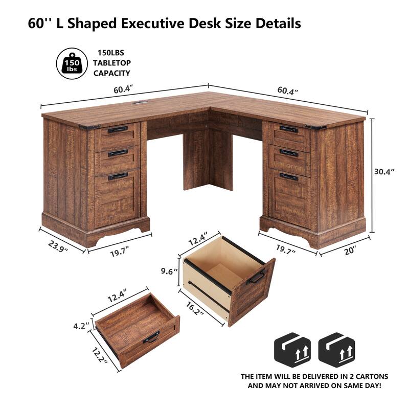 L Shaped Desk, Wood Office Desk with Charging Station, File Drawer