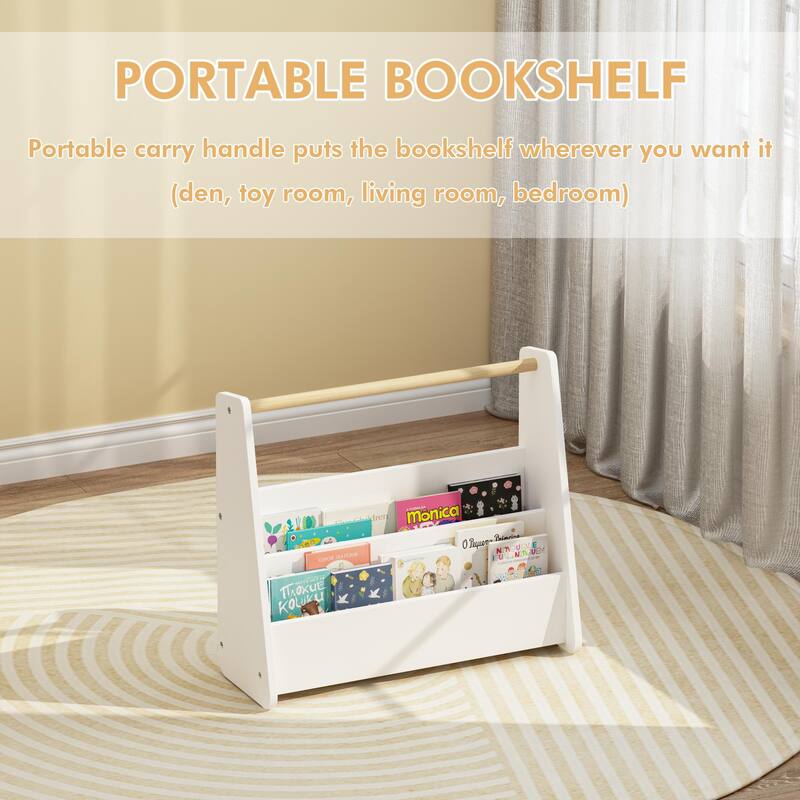 Kids Bookshelf with Wooden Handle, 2-Tier Front-Facing Toddler Bookcase, Portable Children's Book Storage Organizer for Bedroom