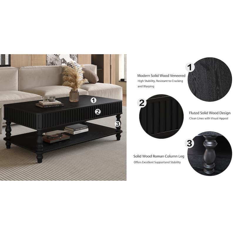47.24" Lift Top Coffee Table with Storage, Solid Wood Black Finish & Fluted Roman Columns, Modern Lift-Top Desk