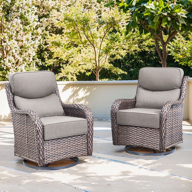 Outdoor Patio Sofa Swivel Chair with 6-Inch Thick Cushions Set - Brwon Wicker Grey Cushion - 2PCS Swivel Chair