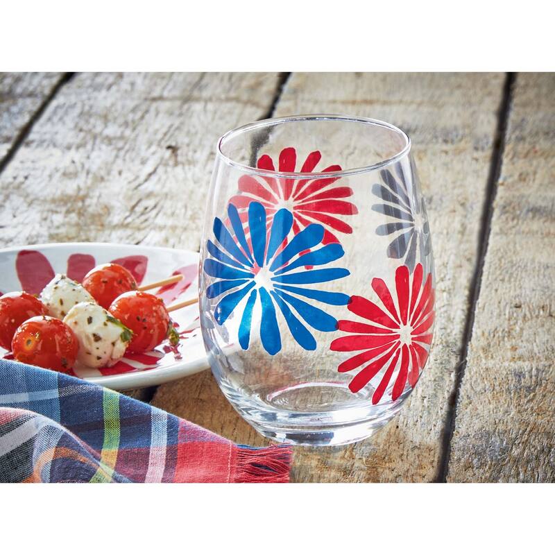 18 oz. Very Groovy Bright Red Blue Flower Glass Stemless Wine Drinkware Dishwasher Safe Beverage Glassware Dinner Party
