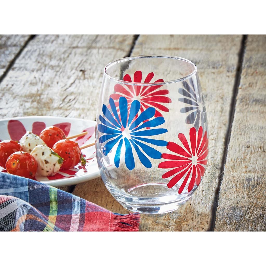 18 oz. Very Groovy Bright Red Blue Flower Glass Stemless Wine Drinkware Dishwasher Safe Beverage Glassware Dinner Party