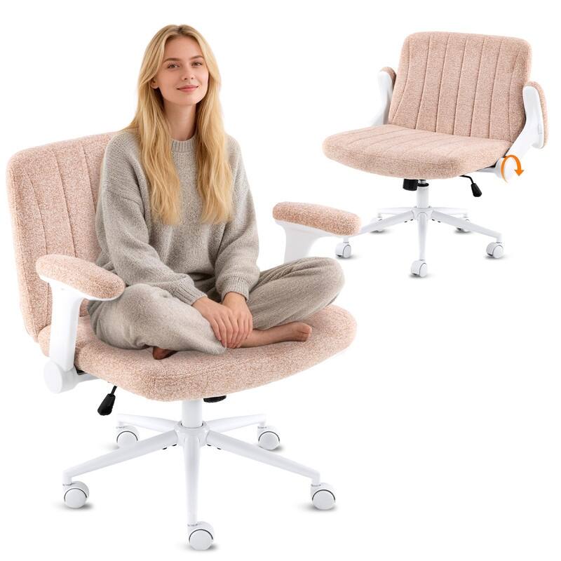 Chenille Swivel Chair With Adjustable Flip-Up Arms For Cross-Legged