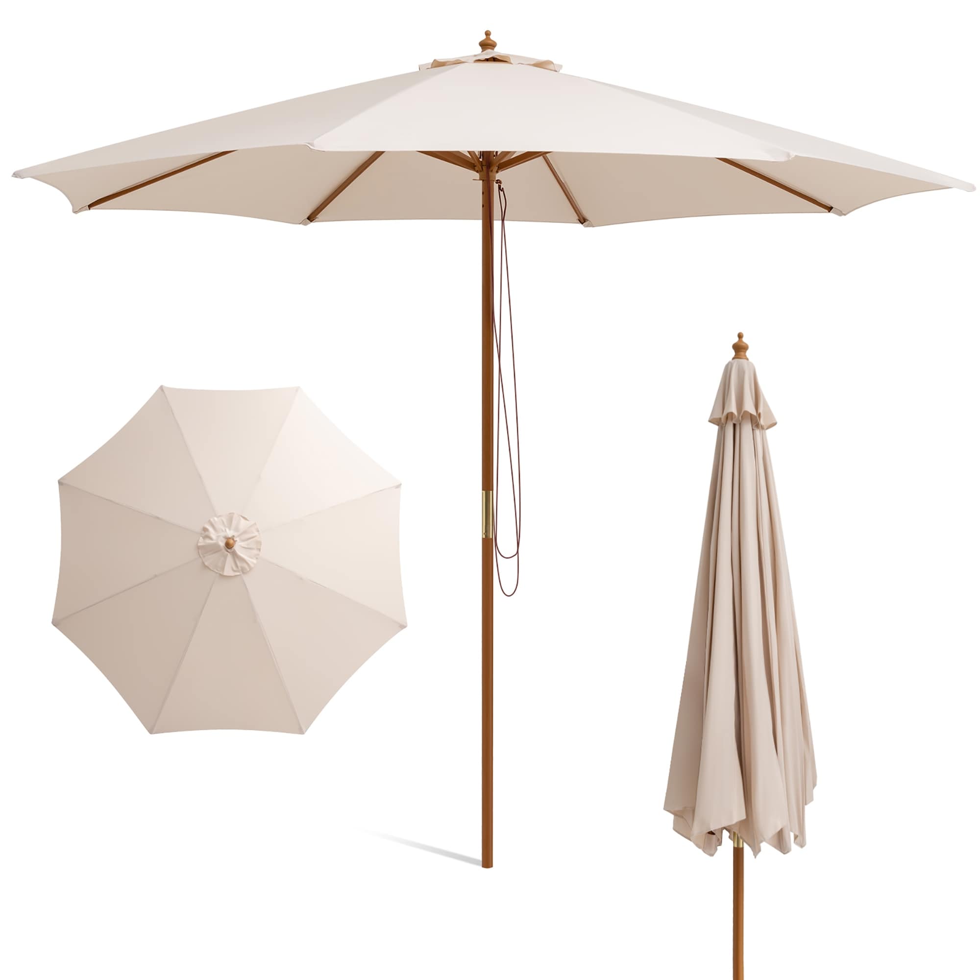 Costway 10FT Patio Wooden Market Table Umbrella Pulley with 8 Bamboo