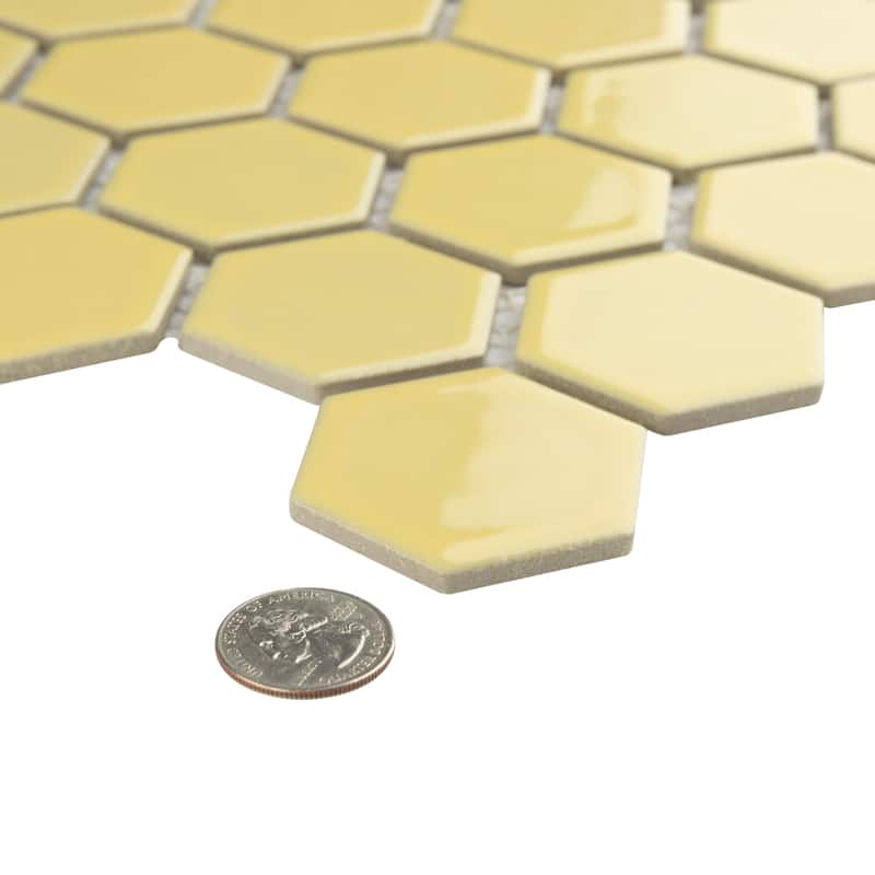 Merola Tile Hudson Due 2" Hex Vintage Yellow 10-7/8" x 12-5/8" Porcelain Mosaic Floor and Wall Tile