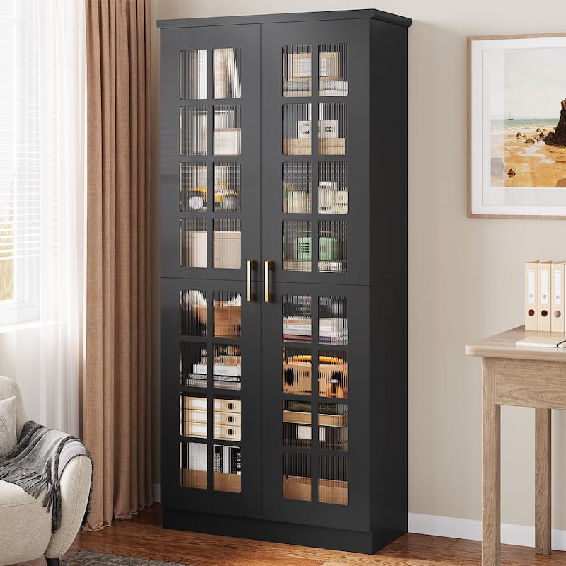 8 Tier Tall Modern Bookcase with Acrylic Doors, Adjustable Shelves - Black
