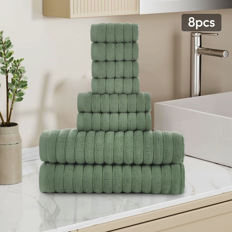 8 Piece Oversized Bath Towel Set, 100% Cotton Bath Towels, Highly Absorbant Bordered Towels - Sage