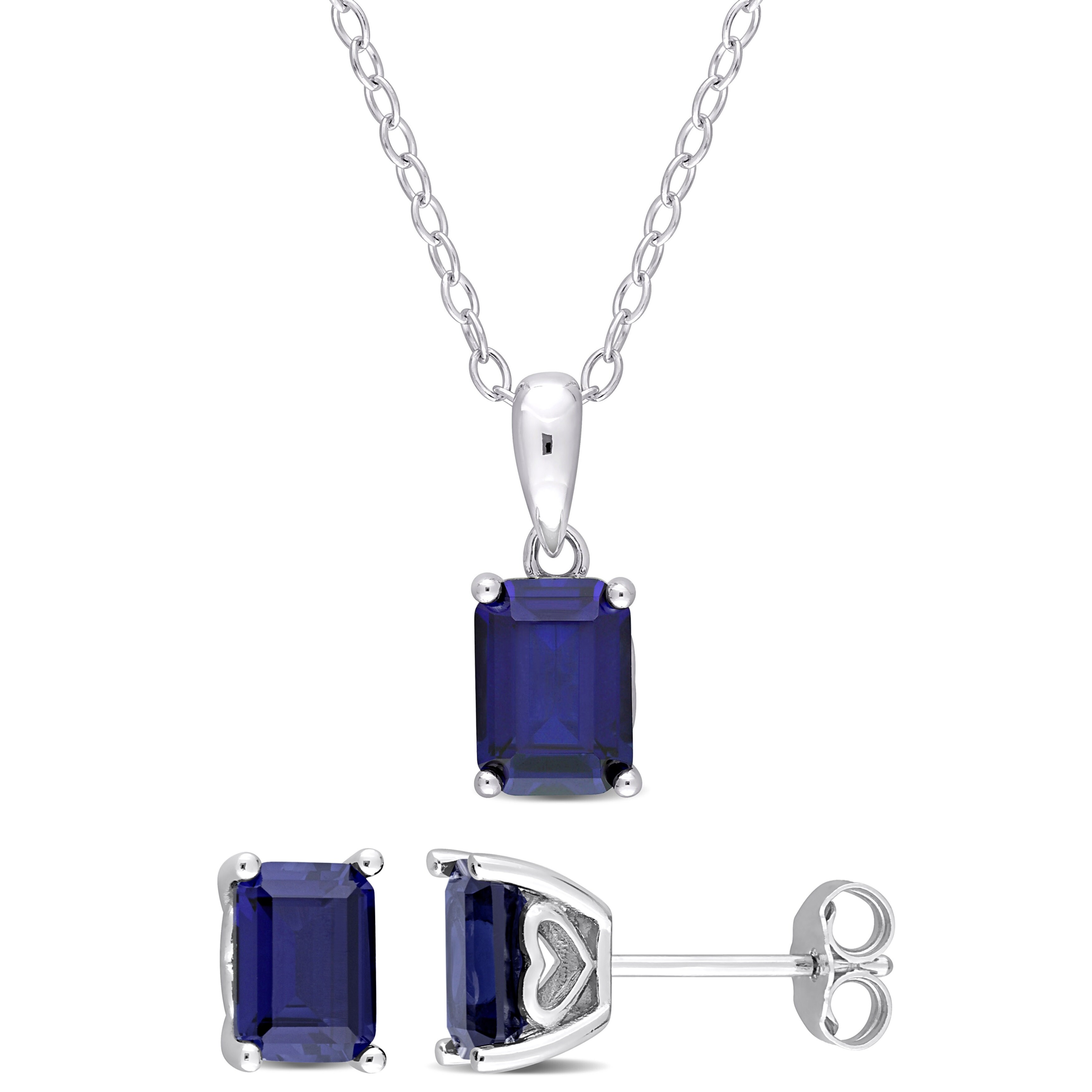 Miadora 4 3/4ct TGW Emerald-Cut & Octagon Created Blue Sapphire Necklace & Earrings Set Sterling Silver