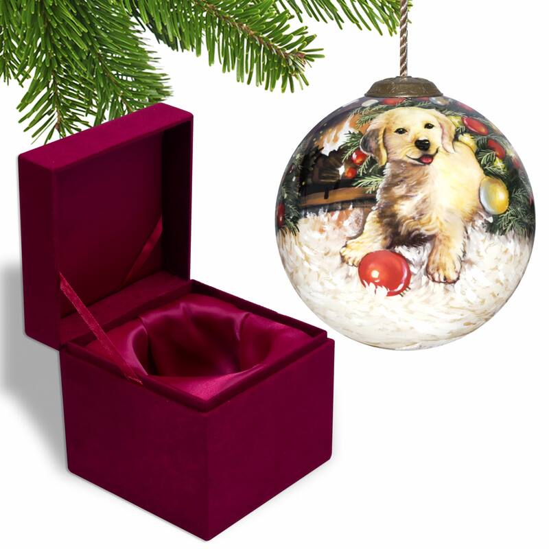 HomeRoots Puppy under the Christmas Tree Hand Painted Mouth Blown Glass Ornament - 3" x 3" x 3"