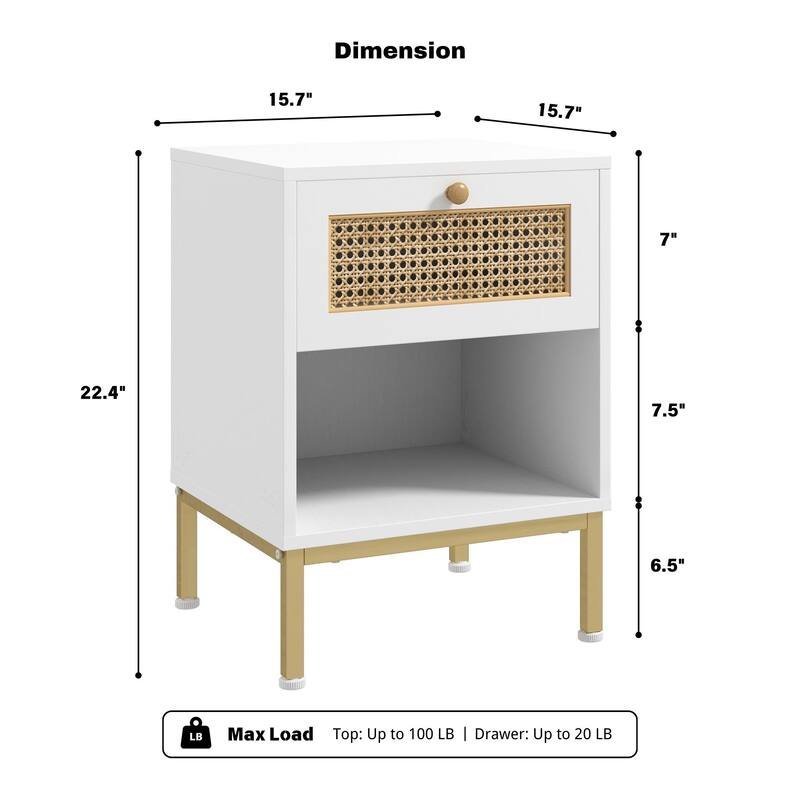 Rattan End Table/ Nightstand with Drawer, Farmhouse Boho Bed Side Table