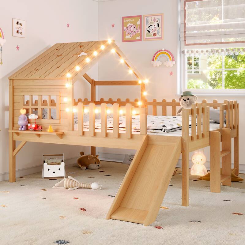 Full Size House Loft Bed with Slide,Playhouse Bed with Star Moon-shaped Designs and Window, Chic Design with LED Lights - Natural