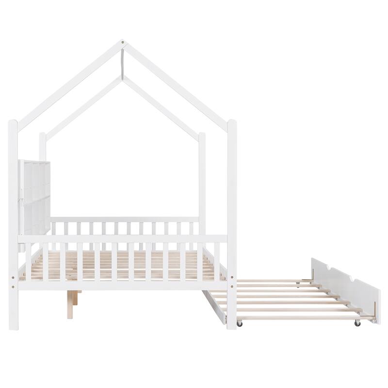 Full Size Wooden House Bed with Trundle and Shelf for Kids, White
