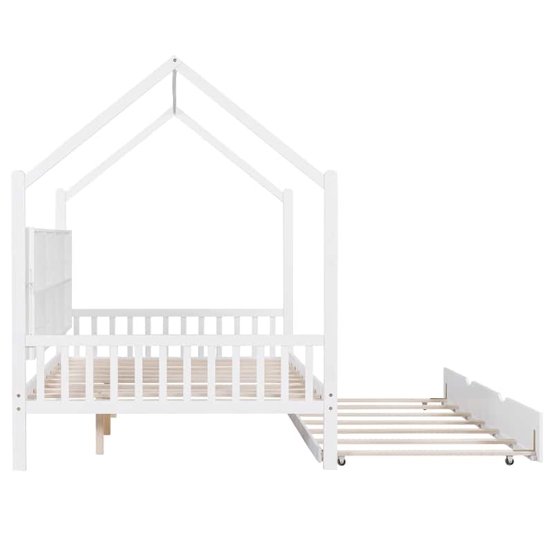Pine Kids House Platform Bed with Trundle, Shelf, and Roof