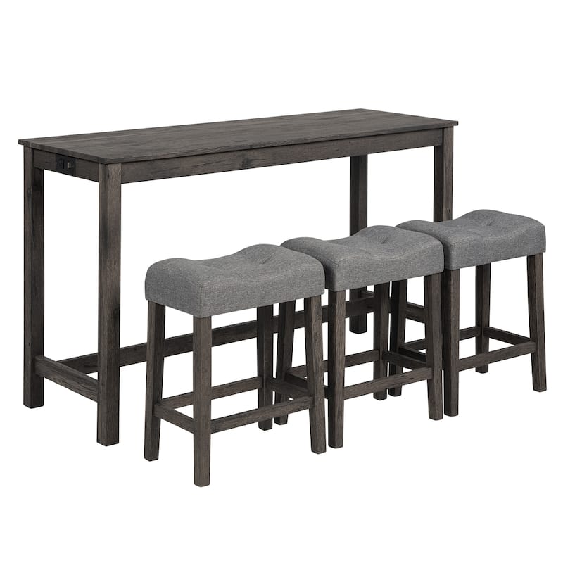 GDFStudio - Calverly 4-Piece Industrial Bar Table Set with USB Power Station and 3 Linen Upholstered Stools