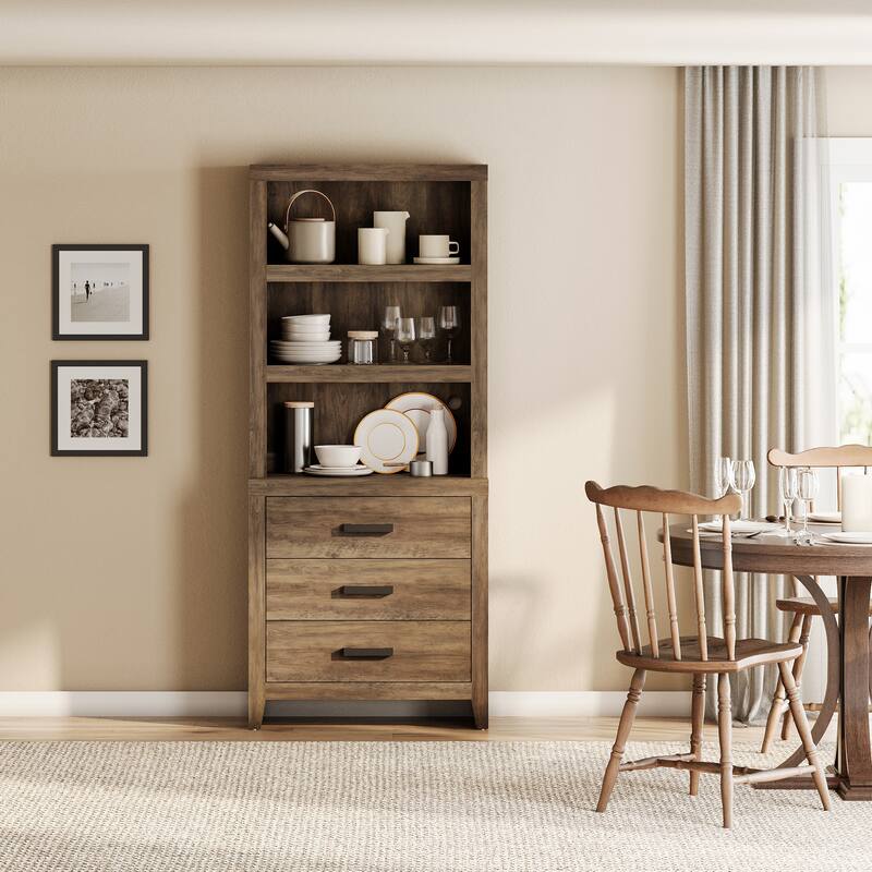 3-Tier Bookshelf with 3 Large Drawers, 74" Tall Farmhouse Bookcase with Wide Metal Handles, for Living Room, Office, Library