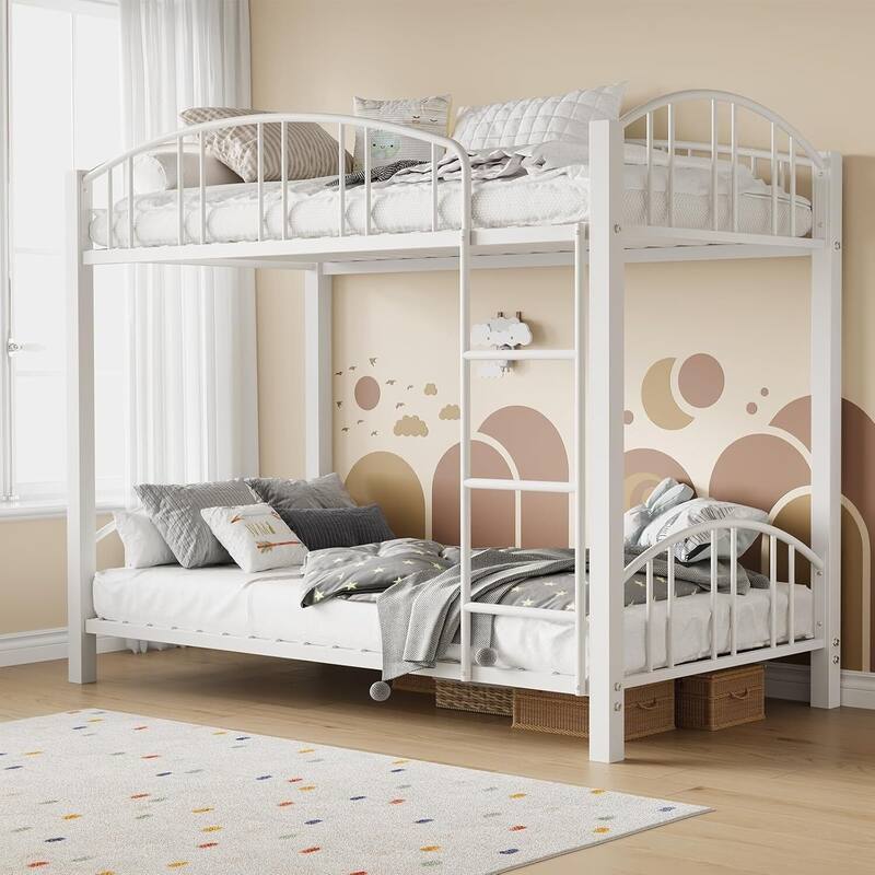 Bunk Bed Twin Over Twin with Stairs and Arched Guardrail for Bedroom and Small Space - White