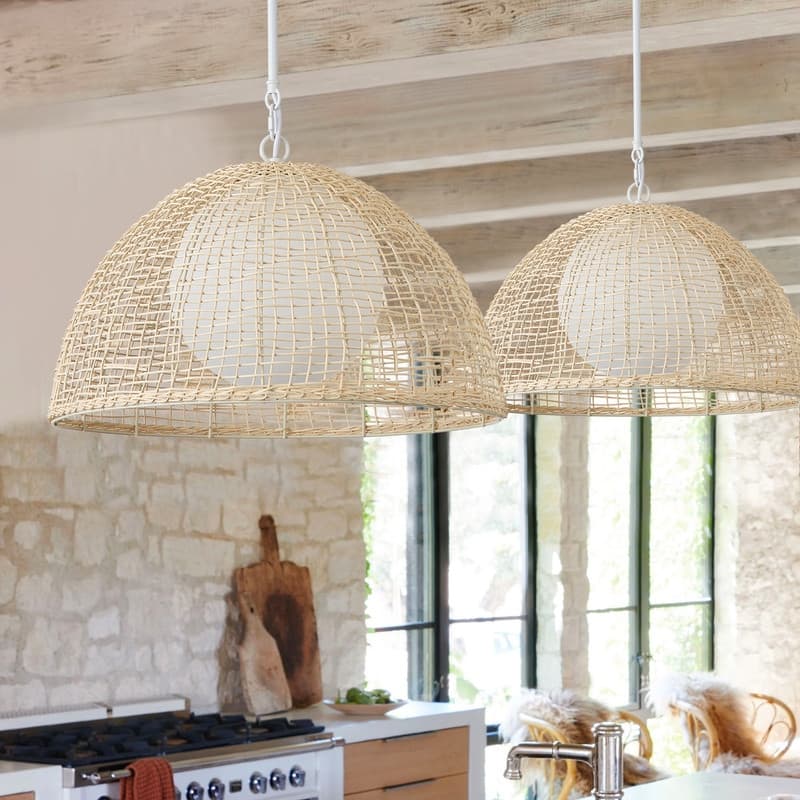 Modern 1 Light White Rattan and Frosted Glass Pendant Light Matte White Ceiling Fixture