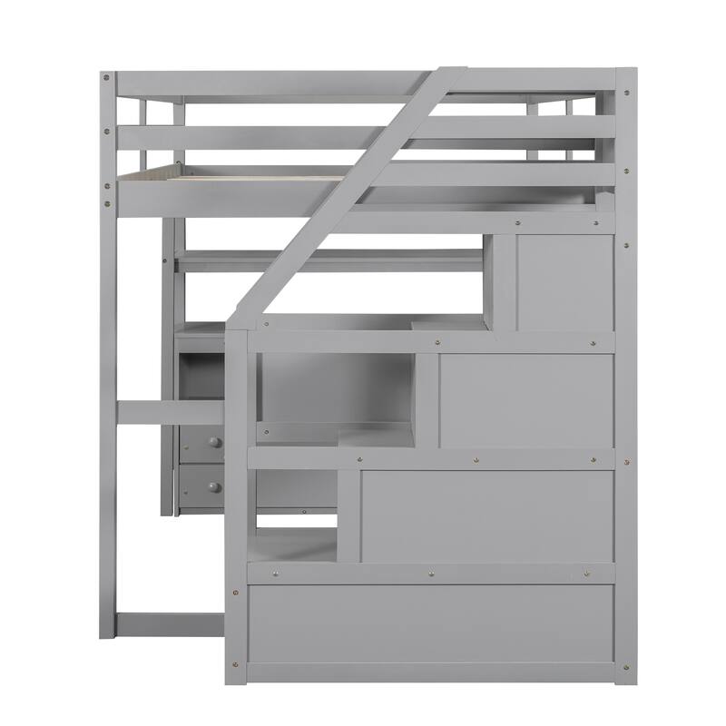 Multifunctional Full Loft Bed with Desk, Shelving, and Storage Drawers for Space-Saving