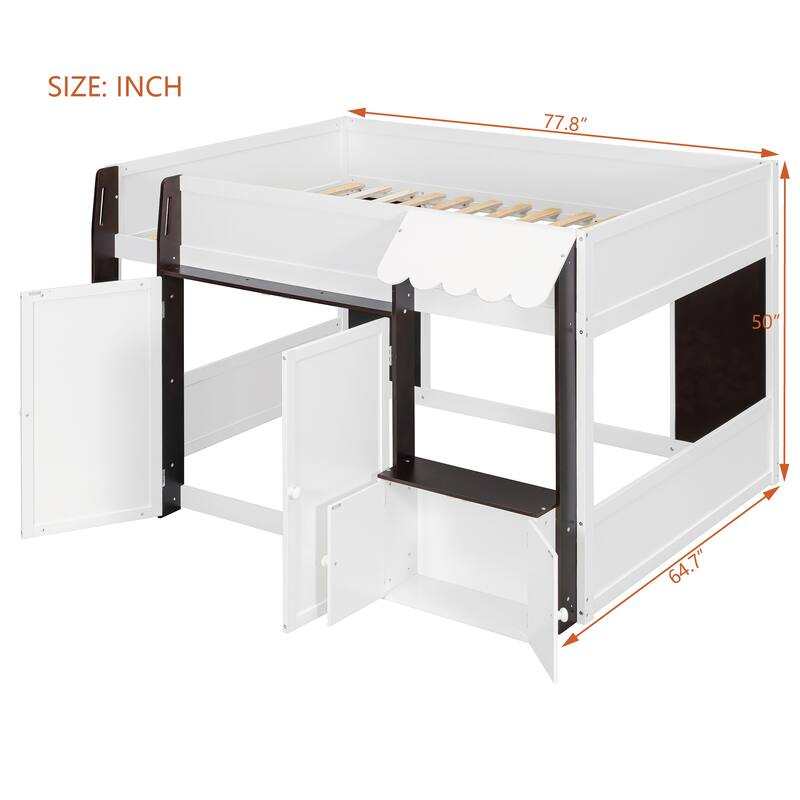 Full Loft House Bed with Playhouse & Storage, Modern Wood Cabin Bed for Kids