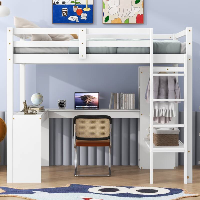 MERAX Loft Bed with L-shaped Desk, Wardrobe and Storage Shelves