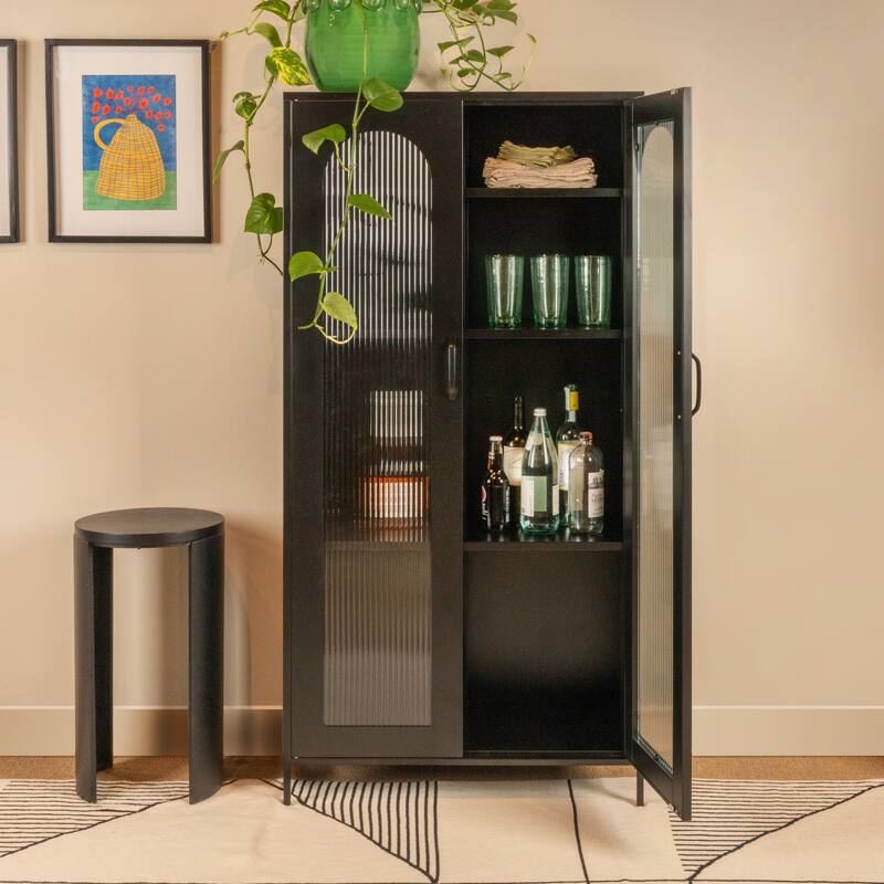 Solstice Metal Cabinet with 3 Adjustable Storage Shelves and Arched Glass Door