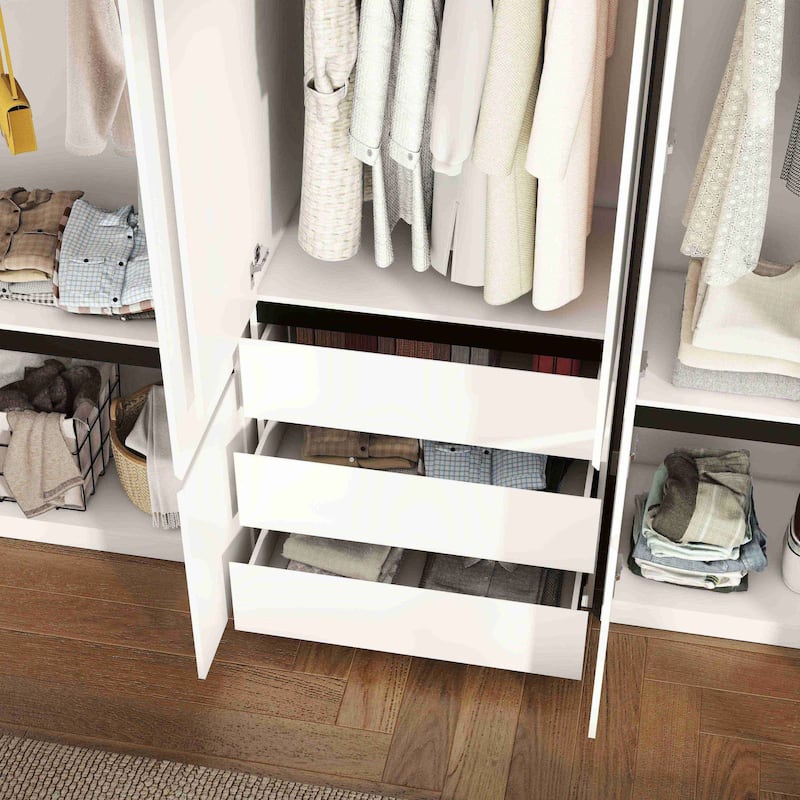 Large Modular Freestanding Armoire With 3 Drawers, Clothes Organizer Closet with Storage Shelves