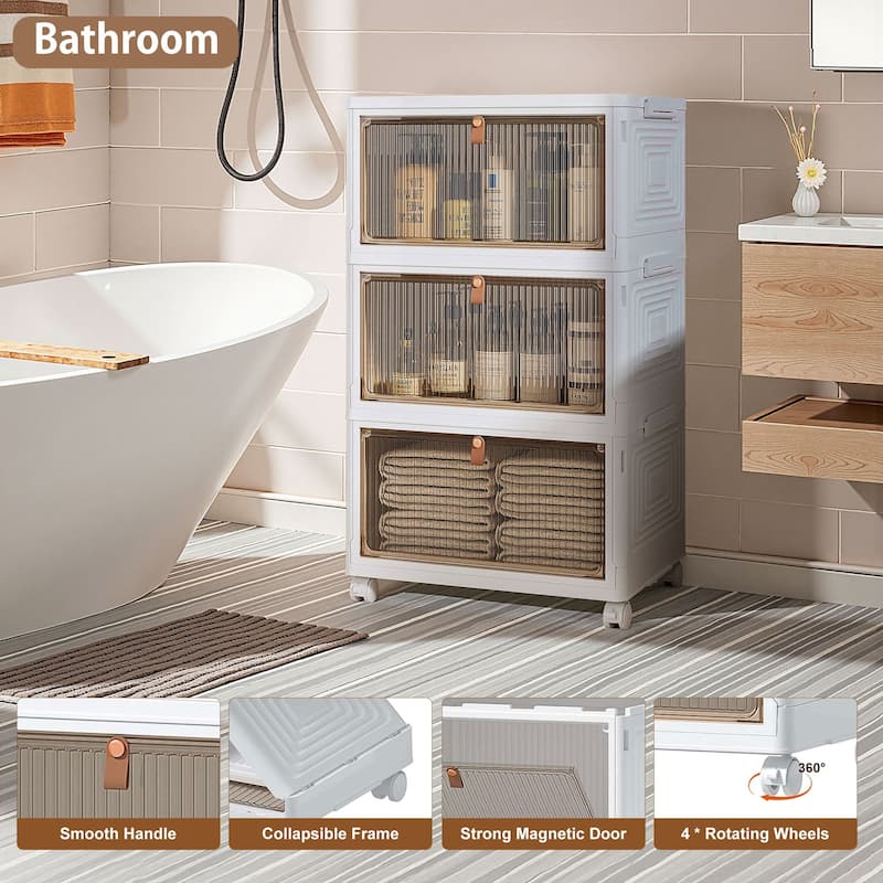 Javlergo 3 Tier Bathroom Storage Cabinet Storage Bins with Lid Stackable Storage Boxes Foldable Storage Organizers