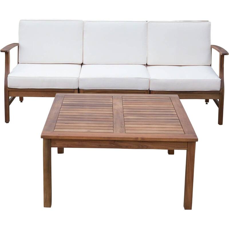 Outdoor 3-Seater Acacia Wood Sofa Set with Coffee Table and Water-Resistant Cushions, Removable Covers Included - Cream