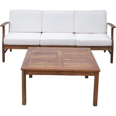 Outdoor 3-Seater Acacia Wood Sofa Set with Coffee Table and Water-Resistant Cushions, Removable Covers Included