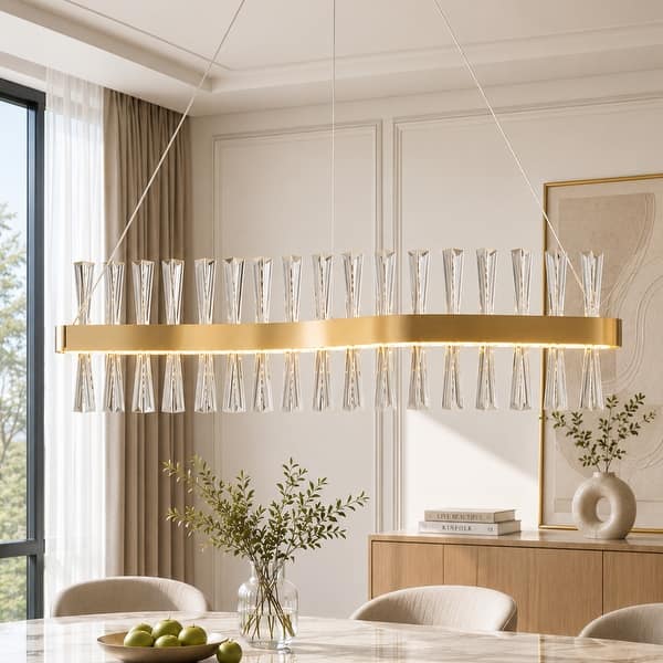 slide 2 of 10, 36W Mid-Century Modern Gorgeous Brushed Gold S-Shaped Long Linear Crystal Integrated LED Island Light for Dining Room Clear/Gold - 39.4 in. W x 10.2 in. H x 5.9 in. D