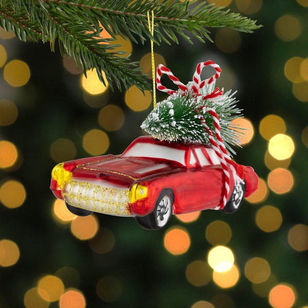 Northlight 5 Red Vintage Car with Christmas Tree Glass Ornament