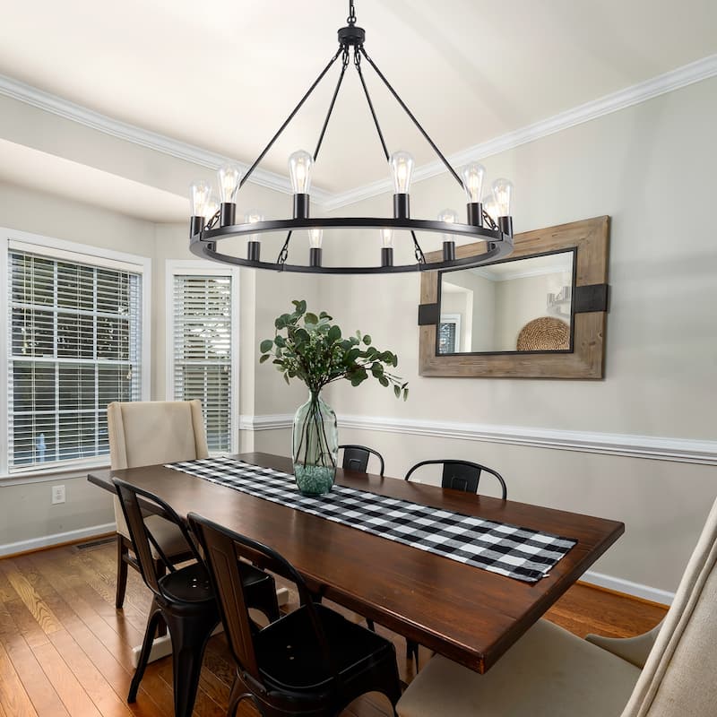 35.43-inch Round Wagon Wheel Chandelier, 12-light Adjustable Chandelier for Living Room Kitchen Island Dining Foyer