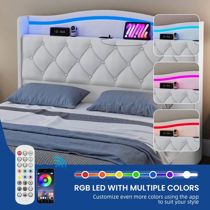 Moasis Queen Size Velvet Upholstered Bed Frame with 4 Storage Drawers & RGB Lights