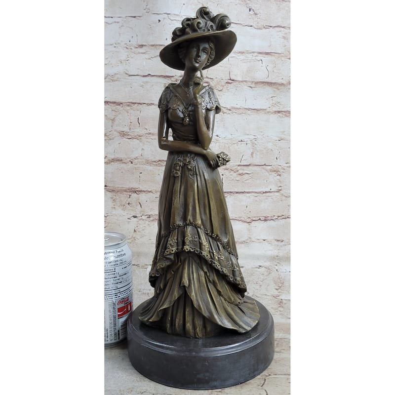 Young Woman In Victorian Fashion Hat Bronze Metal Figure Statue Sculpture Decor