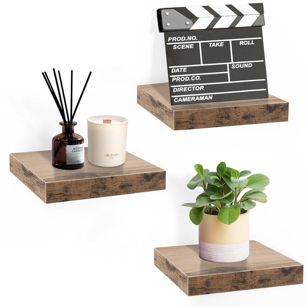 3 Pack Square Mounted Floating Shelves - Rustic Wood Display Ledge Storage Shelf