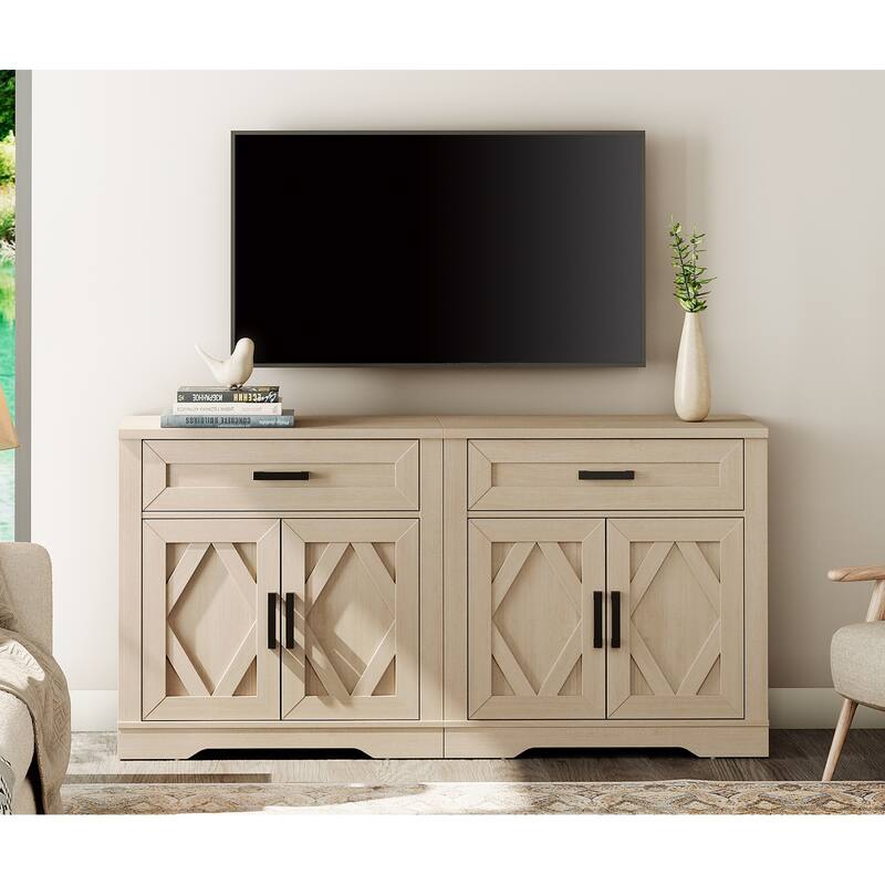 Farmhouse Entertainment Center with Storage Barn Door Cabinet for 50"-130" TVs - 63 inches in width - Beige