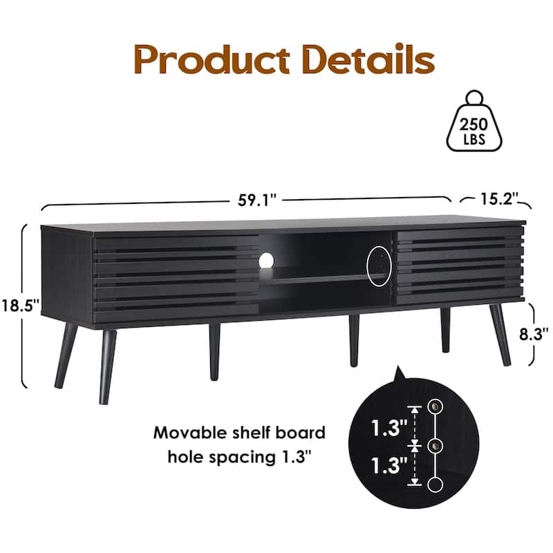 Mid Century Modern TV Stands for up to 70" TV with Storage, Fluted Wood TV Stand for Living Room, Boho Media Console