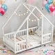 preview thumbnail 38 of 52, Wood House-Shaped Twin Floor House Bed with Fence,Guardrails,Kids and Baby