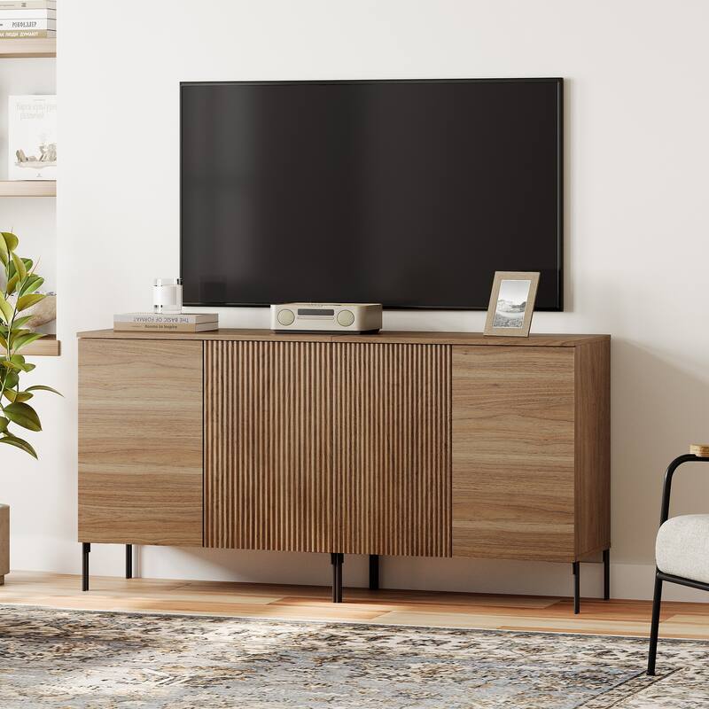 31.5" Modern Reeded TV Stand With Doors, Entertainment Center With Shelf, Wooden TV Console 