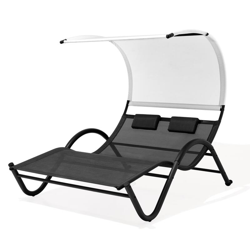Outdoor Double Chaise Lounge Chair Double Sun Bed Lounger with Canopy Shade & Wheels - 72.83" D × 54.33" W ×65.35" H