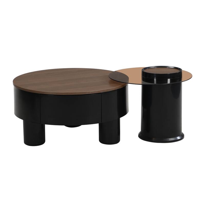 Nesting Coffee Table Set of 2, Round Coffee Table with Drawer, Circular Wood Center Table Set