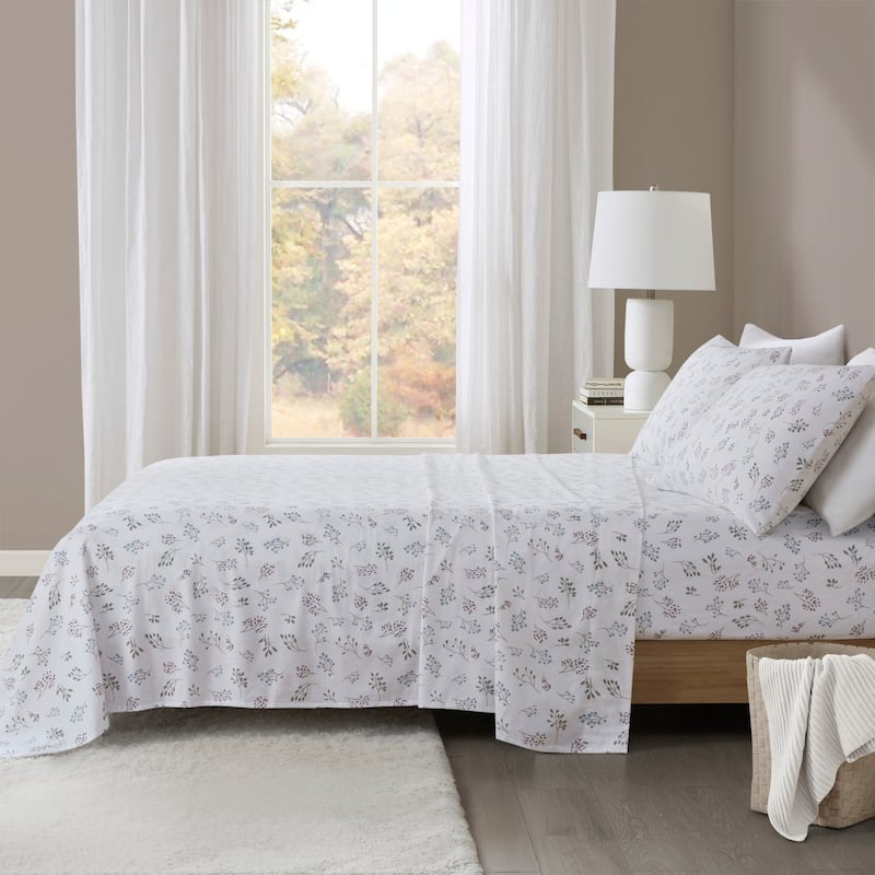 Madison Park Cozy Cotton Flannel Printed Sheet Set - Cal King - White Tossed Botanical