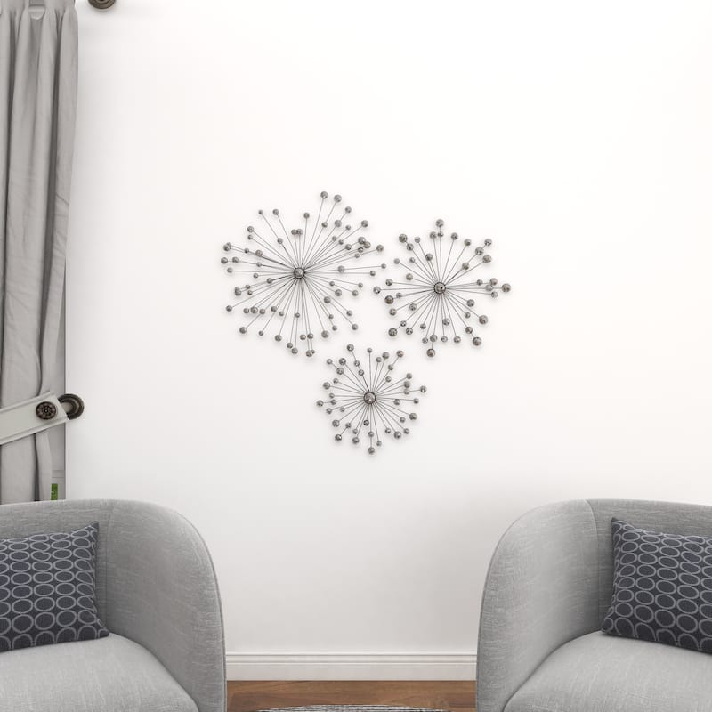 Black Metal Sunburst Home Wall Decor with Crystal Embellishment (Set of 3)