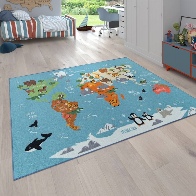 World Map Play Mat for Kids Educational Rug with Animals in Blue - 2'8" x 4'11"