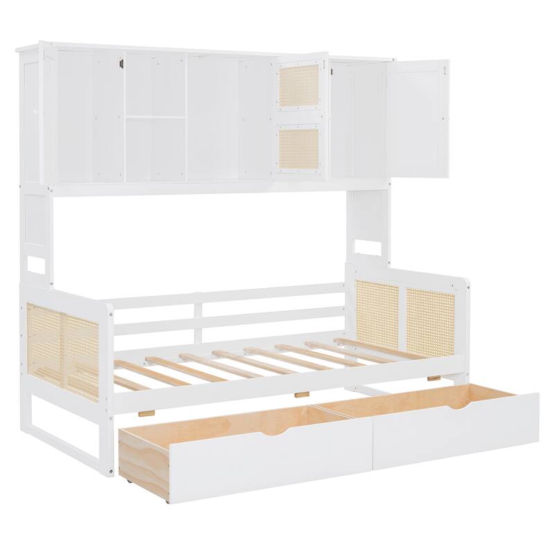 L-Shape Twin Size Daybed with Storage Cabinet and 2 Drawers, Bedroom Storage Bed Frame with Bookshelf, Wood Slats Support