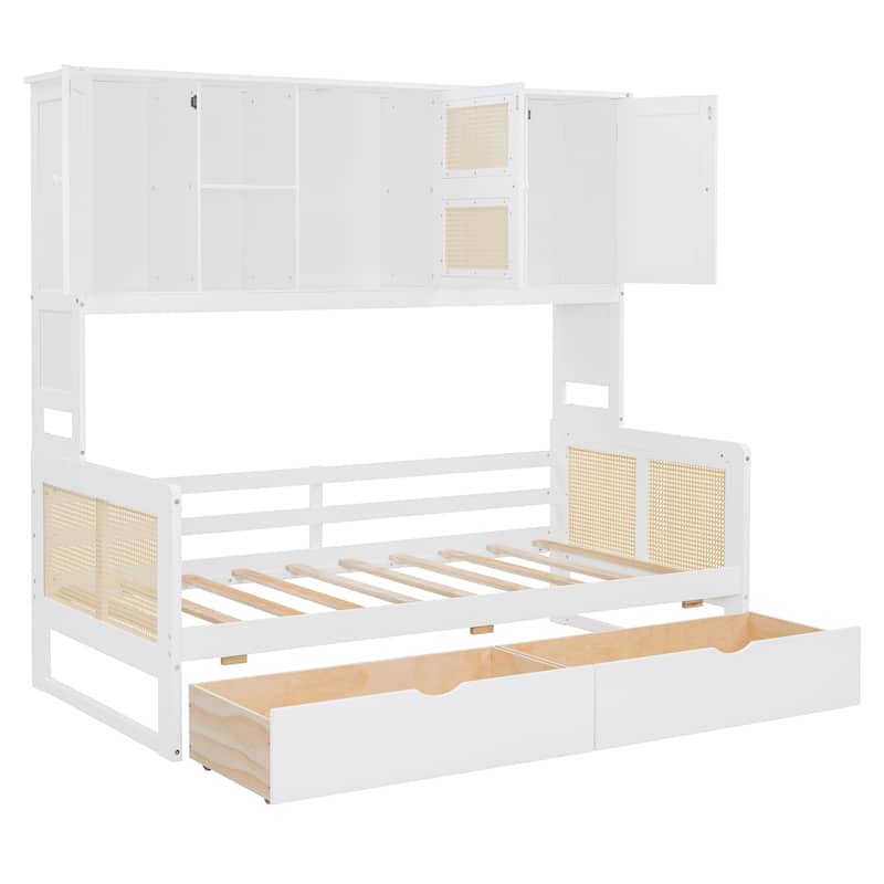 Twin Size Daybed with All-in-One Cabinet Headboard, Space Saving Wooden Platform Bed Frame with 2 Storage Drowers and Shelfs